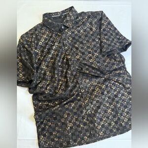 Benjamin Black Button-Down Shirt with Gold Checkered Design- Men's XL